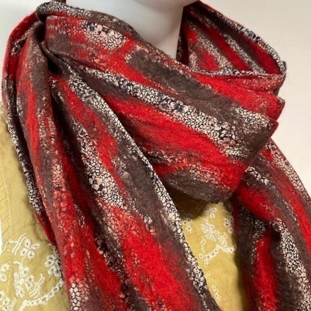 Red/brown/white handmade felted wool and silk sari scarf 76" x‎ 12"